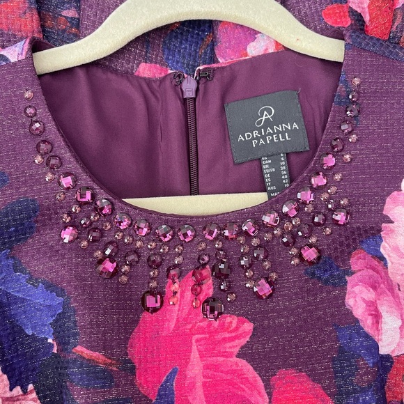 Adrianna Papell Purple Floral Cocktail Dress - Crystal Beaded Neckline Size 6 - Picture 4 of 7